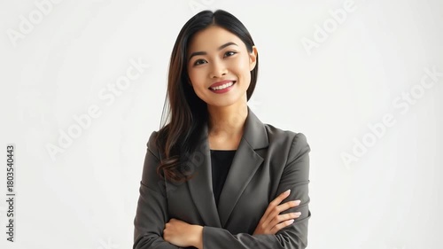 Confident Asian woman gray business suit, professional businesswoman with long black hair, smiling arms crossed, leadership success, positive
