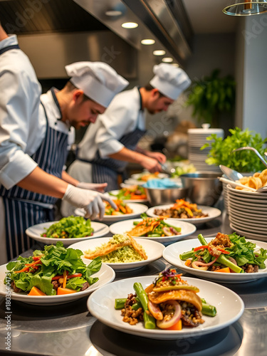 Chefs prepare plant-based dishes in restaurant kitchen. Plates with vegan food on the table. Healthy food, culinary innovation in plant based dining for restaurants and food producers.