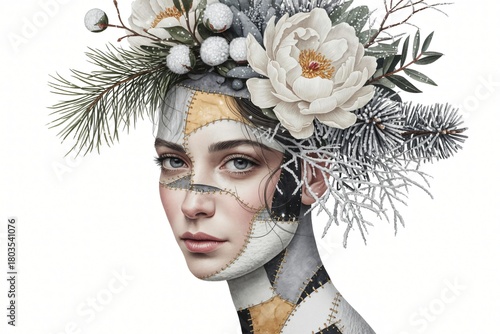 A woman with serene eyes wears an elaborate hat decorated with soft white flowers, winter berries, and frosted pine branches.