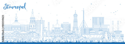 Outline Stavropol Russia city skyline with blue buildings. Illustration. Stavropol cityscape with landmarks. Business travel and tourism concept with modern and historic architecture.