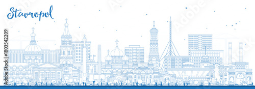 Outline Stavropol Russia city skyline with blue buildings. Illustration. Stavropol cityscape with landmarks. Business travel and tourism concept with modern and historic architecture.