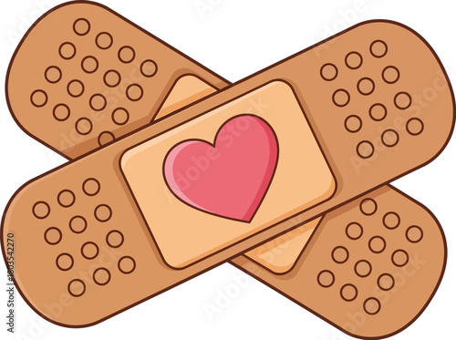 Crossed adhesive bandages with heart symbol on white plain background