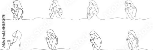 Collection of Minimalist line art of a woman Christian prayer hand drawn concept for decoration on white background.