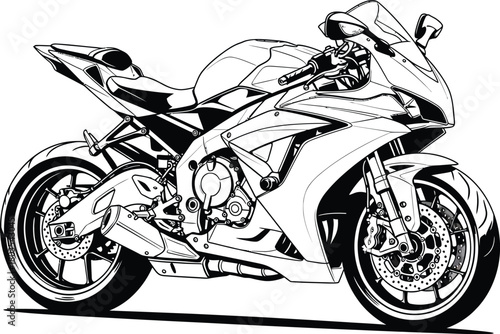 Sportbike Illustration, Black and White Motorcycle on a Plain Background