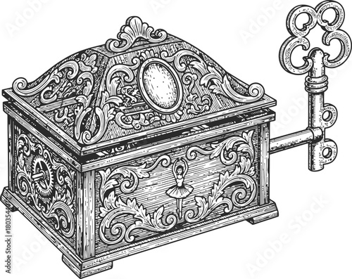 Classic wooden birdhouse with an antique skeleton key on top against a black backdrop