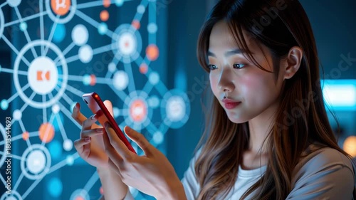 Young woman holding smartphone interacting with digital network interface, social media technology communication concept, futuristic innovation