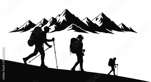Silhouette of hikers trekking through a mountain landscape vector illustration for outdoor adventure and travel concepts isolated on white