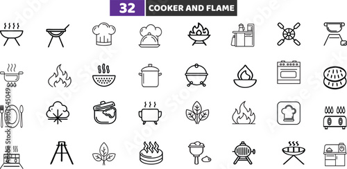 Cooker and Flame Icons Set, Kitchen Stove Grill and Barbecue Outline Vector Collection