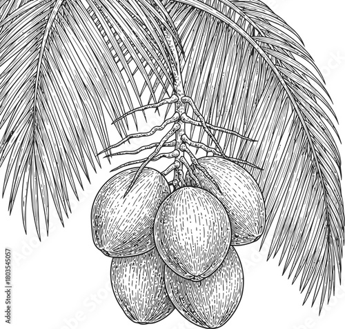Engraved illustration of a coconut palm frond with three coconuts hanging