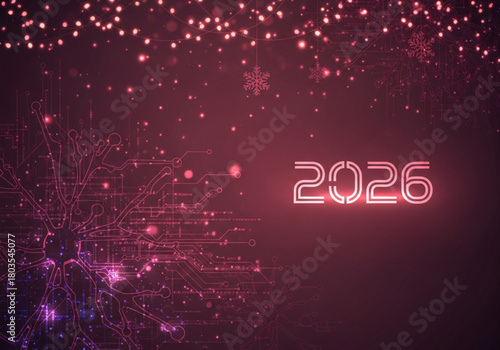 Merry Christmas and Happy New Year 2026, Abstract Red Circuit Board Vector Illustration. Abstract Technology Christmas and New Year Background, Modern Digital Greeting Card.  Red Tech Background .