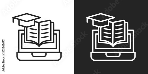 Online Learning Icon In Black And White Outline Style