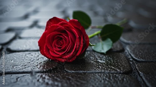 Single Red Rose on Wet Dark Paving Stones Close-Up Shot - Media 57 4K 24fps MOV