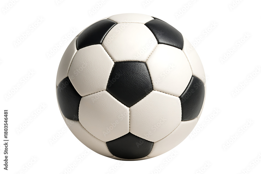 Fototapeta premium Classic black and white soccer ball, featuring the recognizable pentagonal and hexagonal panel pattern in a perfect spherical shape isolated on transparent background
