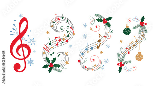 Festive holiday music notes with snowflakes and ornaments