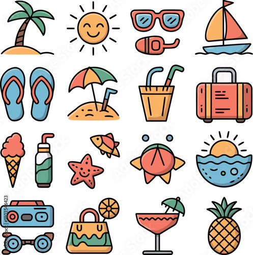Collection of colorful flat icons representing summer vacation and beach activities