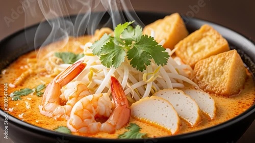 Close-up of a delicious and aromatic steaming hot bowl of traditional Asian curry laksa soup