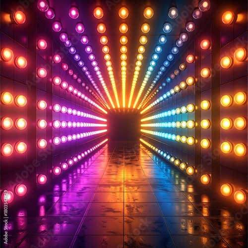 Wallpaper Mural A vibrant, futuristic tunnel design showcases colorful lights, creating a captivating visual journey. The walls are illuminated by circular light fixtures Torontodigital.ca
