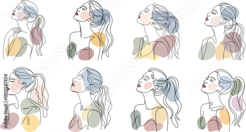Collection of Minimalist line art of a woman in profile, facing upward with a serene, introspective expression hand drawn concept for decoration on white background.