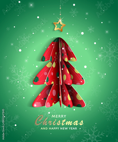 Adorable paper-cut style Christmas card featuring a layered Christmas tree, a golden hanging star and falling snowflakes on a green gradient background. Perfect for holiday greetings and decorations.