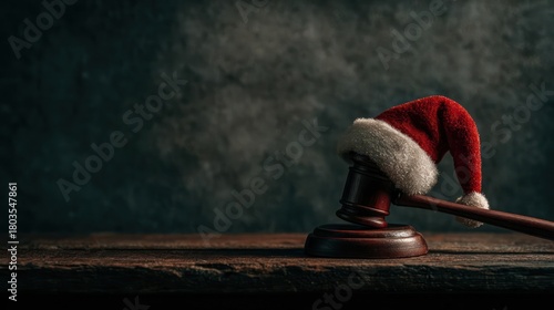 Gavel adorned with a santa hat rests on a wooden surface symbolizing christmas justice and holiday legal proceedings