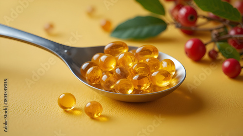Vitamin coenzyme Q10 pills on a spoon. Yellow background with berries. Seasonal beriberi