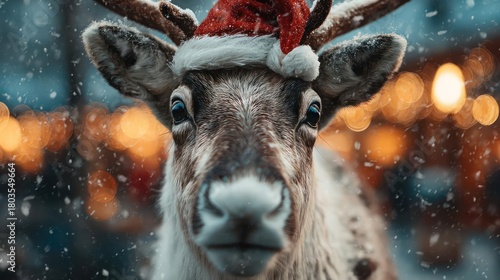 Close up portrait of a reindeer wearing a santa hat with blurred festive lights and falling snow in the background