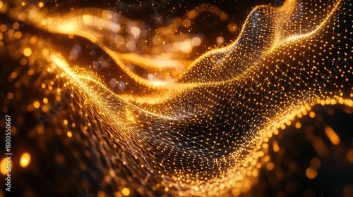 Golden glowing plexus network forming waves of digital data