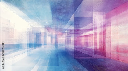 Modern abstract architecture perspective with transparent blue and pink grid