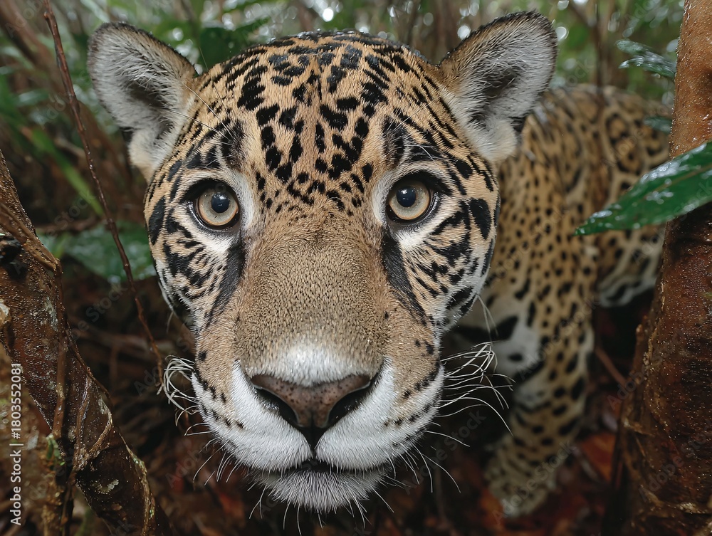 Obraz premium Intense jaguar gaze in lush rainforest habitat