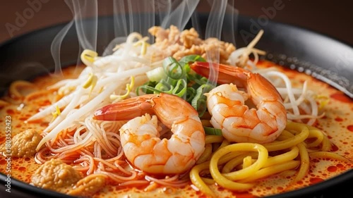 Steaming Hot Spicy Prawn Laksa Noodle Soup Authentic Southeast Asian Culinary Delight
