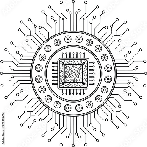 A detailed black and white illustration of a computer chip with intricate circuit connections radiating outwards