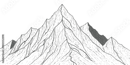 Hand drawn monochrome mountain range peak illustration line art