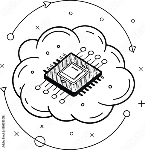 Illustration of a computer chip on a cloud with geometric shapes in a black and white design