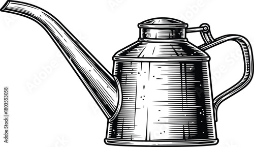 Monochrome line icon of a vintage oil can with a long spout and handle tool