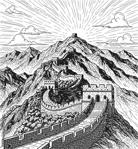 Mountain cliff illustration with radiating sun and clouds in a dramatic woodcut style