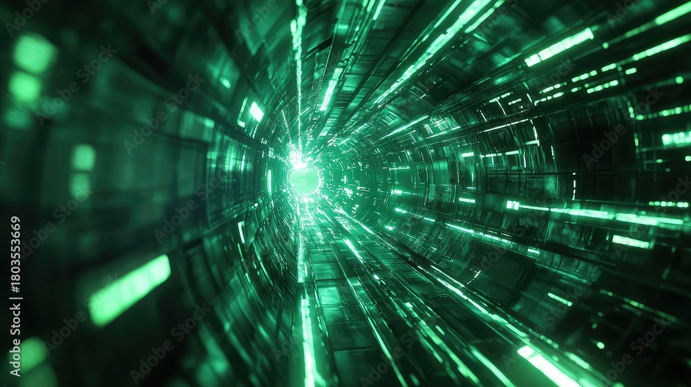 Obraz premium Green glowing futuristic tunnel network data stream