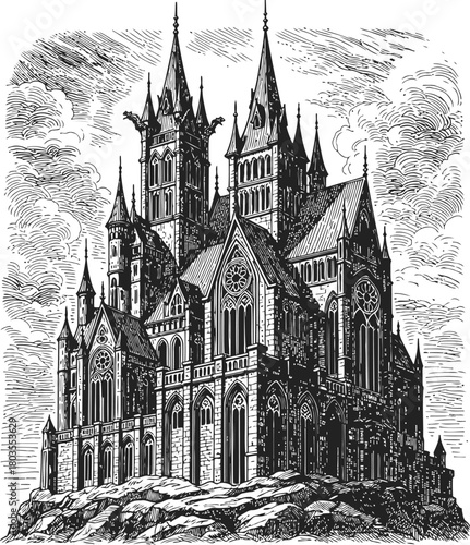 Mysterious gothic castle silhouette with dark cloudy sky and eerie atmosphere