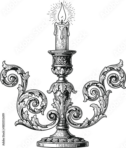 Old fashioned burning candle in an elaborate candlestick with traditional ornamental details