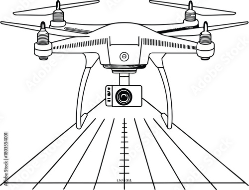 Line art illustration of a drone with a camera and projected lines on the ground below it