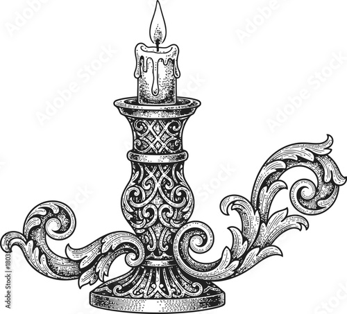 Ornate vintage candelabra with a burning candle flame providing warm atmospheric light