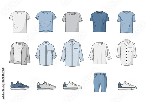 Collection of Mens Clothing Tshirts Shirts Pants and Sneakers.