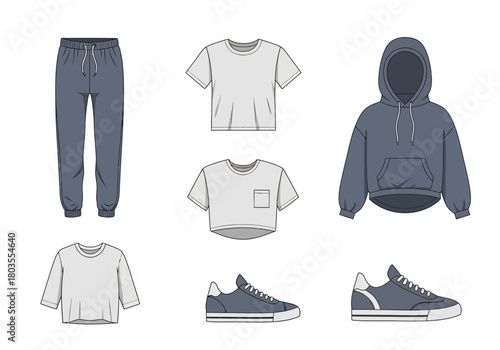 Fashionable Outfit Collection Tshirts Hoodie Joggers and Sneakers.