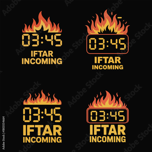 Four digital clock displays showing 03:45 with IFTARINCOMING text Keywords: Iftar
