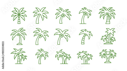 Vector Line Icon Set for Trees. Featuring Palm Tree and Coconut Tree designs. Thickened Stroke


