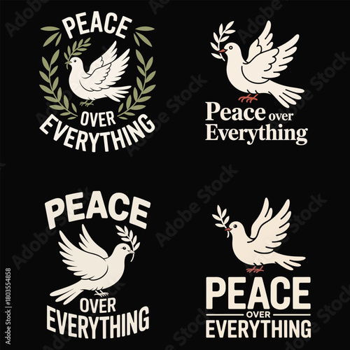 Four Illustrations of White Doves with Olive Branches and the Text Peace Over Everything bird wreath