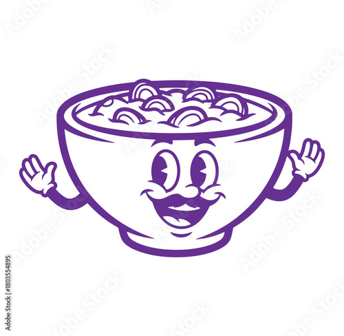 Cheerful bowl of soup mascot with arms and a smiling face in purple color