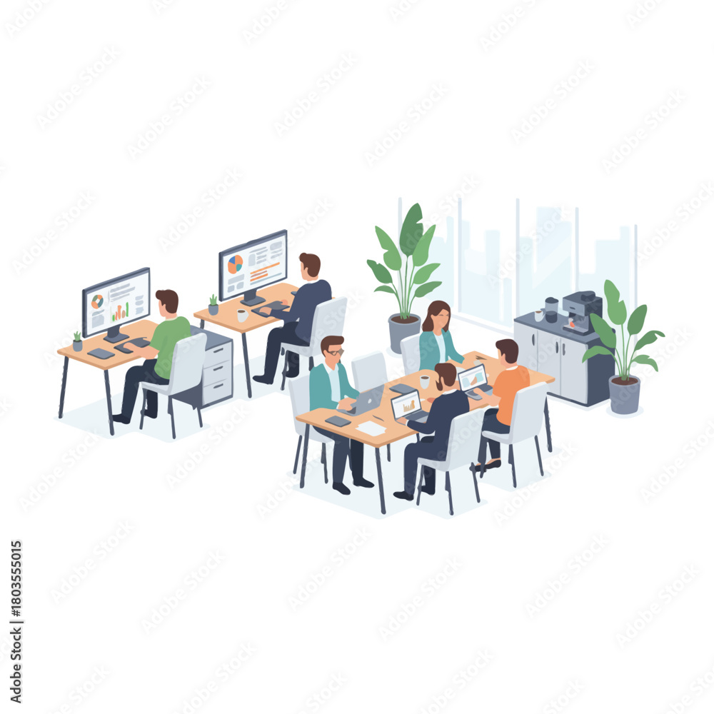 Fototapeta premium Isometric Office Scene with Employees Working at Desks and in Meeting