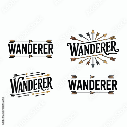 Four stylized " Wanderer" text designs with arrows and sunburst elements lettering typography