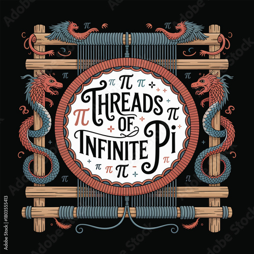 Intricate circular design with dragons, weaving loom and pi symbols for Pi Day mythical creatures