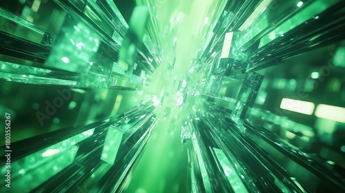 Fototapeta Naklejka Na Ścianę i Meble -  Green crystal tunnel transmitting digital data stream
